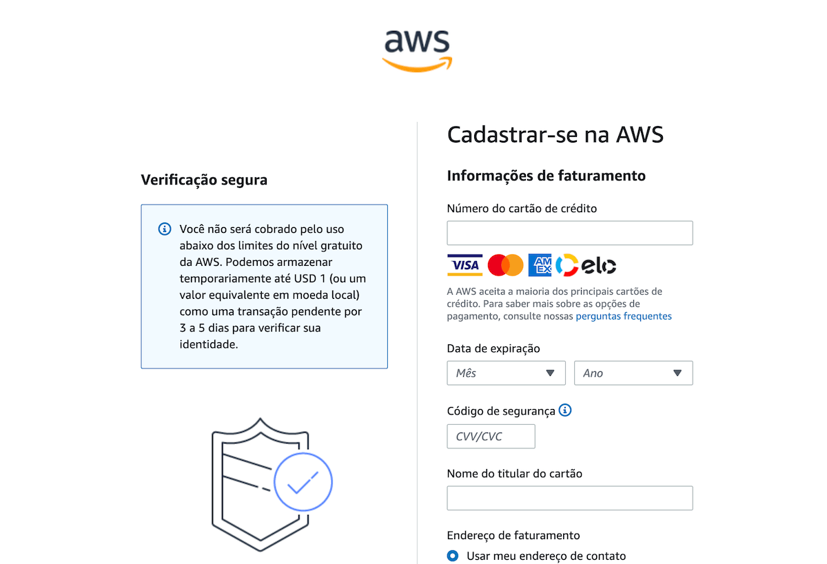 Criando uma conta Amazon AWS, passo 5