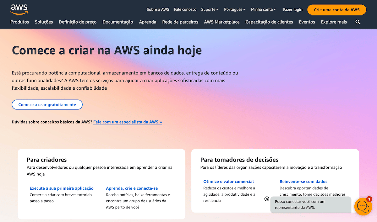 Criando uma conta Amazon AWS, passo 1