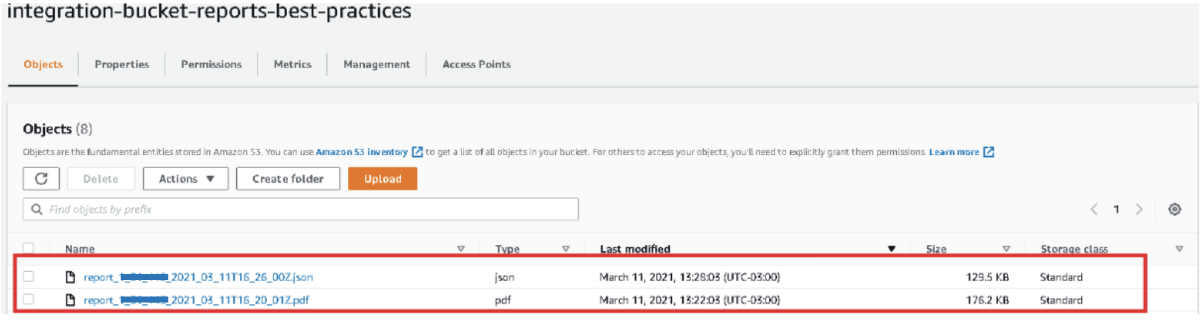 Cloud8 exemplo do Bucket S3 cadastrado acima, e com os arquivos de relatórios.