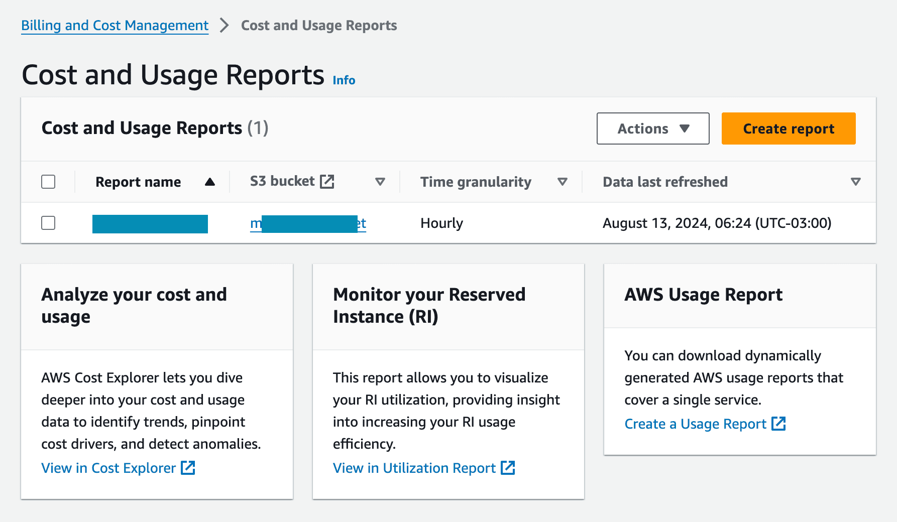 tela de Cost and Usage Reports no painel da AWS