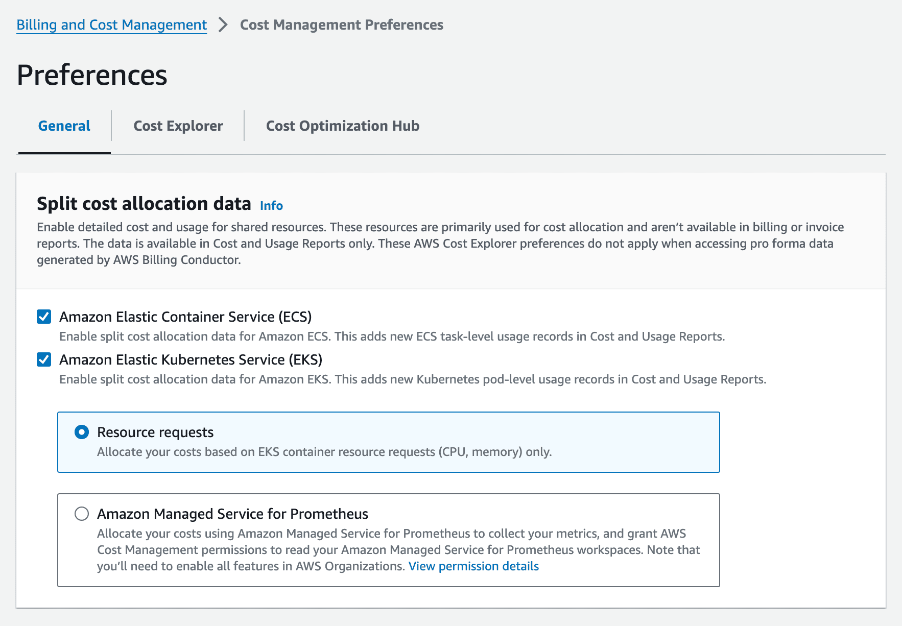 tela de preferências de gestão de custos da AWS