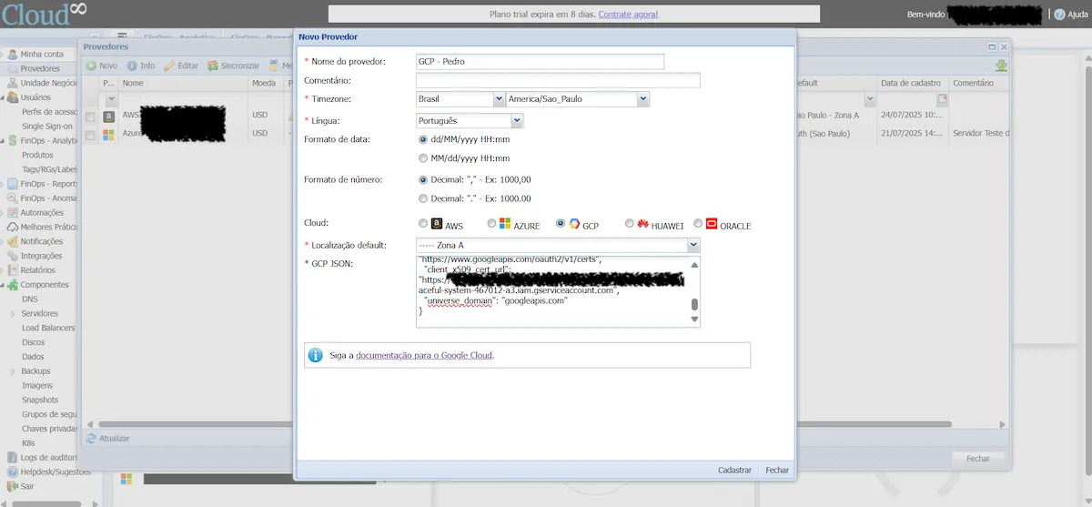 Conectando provedores GCP ao Cloud8 Conectando provedores GCP ao Cloud8
